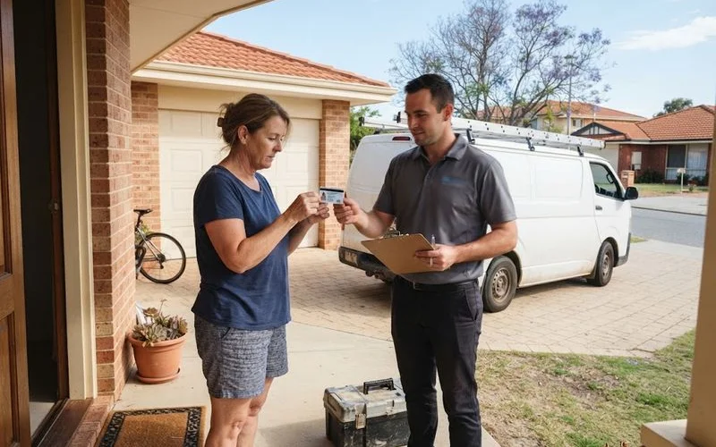 A close-up of a technician's licence card being checked before an air conditioning job begins