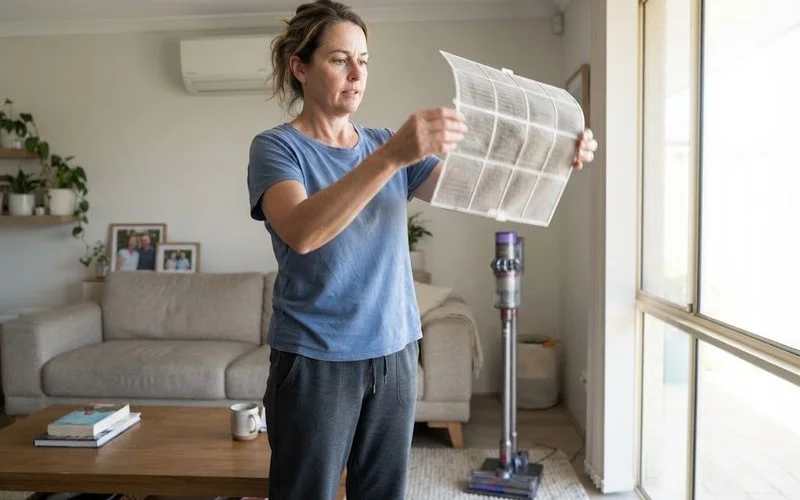 A person cleaning a dusty air conditioning filter over a sink as part of routine home maintenance to reduce running costs
