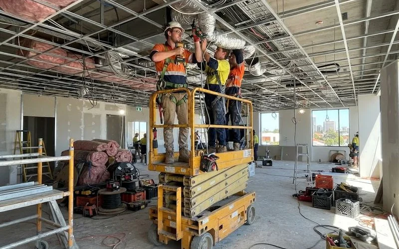 A commercial office fit-out mid-construction showing ceiling ductwork being installed alongside electrical wiring and lighting trades