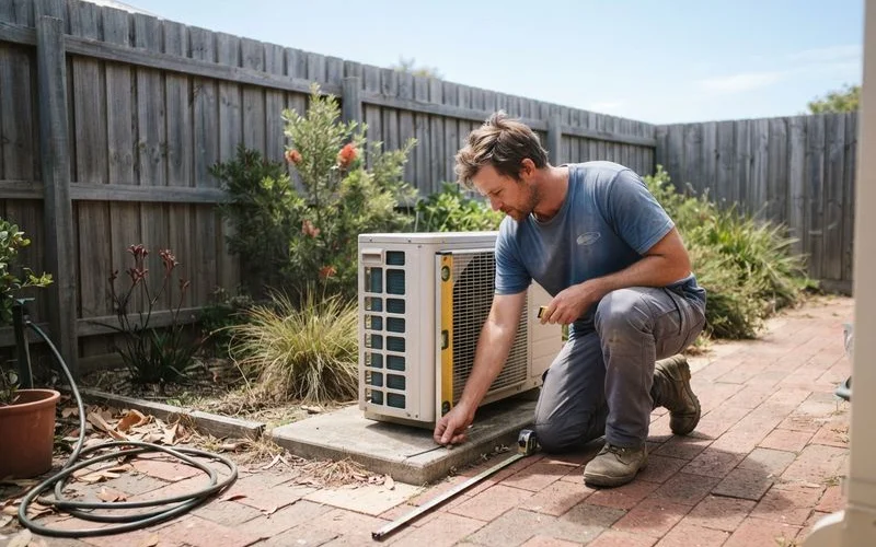An outdoor air conditioning compressor unit mounted on a bracket away from a neighbouring property's windows