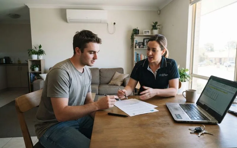 A tenant reviewing the fixtures and inclusions section of a rental lease agreement at a kitchen table