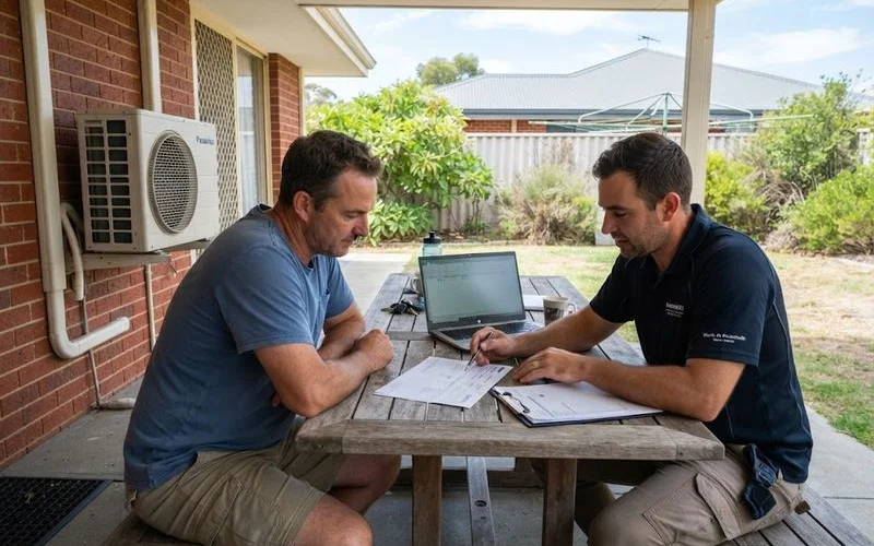 A homeowner and a technician reviewing a written quote together before an air conditioning job begins