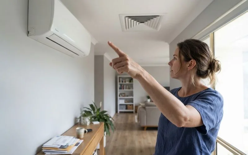 A wall-mounted split system indoor unit in a living room next to a ceiling vent from a ducted system for comparison